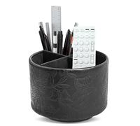 Czzmy Rotation range télécommande,Circulaire Support de télécommande en PU Cuir avec 4 Compartiments,Organisateur de bureau multifonction pour TV telecommande,Lunettes,Crayons(1-sculpté noir)