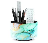 Czzmy Rotation range télécommande,Circulaire Support de télécommande en PU Cuir avec 4 Compartiments,Organisateur de bureau multifonction pour TV telecommande,Lunettes(1-Jet d'encre bleu - Vert)