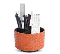 Czzmy Rotation range télécommande,Circulaire Support de télécommande en PU Cuir avec 4 Compartiments,Organisateur de bureau multifonction pour TV telecommande,Lunettes,Crayons(1-Tressé brun)