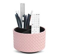 Czzmy Rotation range télécommande,Circulaire Support de télécommande en PU Cuir avec 4 Compartiments,Organisateur de bureau multifonction pour TV telecommande,Lunettes,Crayons(1-Tressé rose)