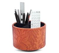 Czzmy Rotation range télécommande,Circulaire Support de télécommande en PU Cuir avec 4 Compartiments,Organisateur de bureau multifonction pour TV telecommande,Lunettes,Crayons(1-Brown sculpté)