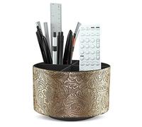 Czzmy Rotation range télécommande,Circulaire Support de télécommande en PU Cuir avec 4 Compartiments,Organisateur de bureau multifonction pour TV telecommande,Lunettes,Crayons(1-Gravure en or)