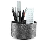 Czzmy Rotation range télécommande,Circulaire Support de télécommande en PU Cuir avec 4 Compartiments,Organisateur de bureau multifonction pour TV telecommande,Lunettes,Crayons(1-Gravure gris)