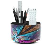 Czzmy Rotation range télécommande,Circulaire Support de télécommande en PU Cuir avec 4 Compartiments,Organisateur de bureau multifonction pour TV telecommande,Lunettes,Crayons(1-Fleurs fractales)