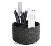 Czzmy Rotation range télécommande,Circulaire Support de télécommande en PU Cuir avec 4 Compartiments,Organisateur de bureau multifonction pour TV telecommande,Lunettes,Crayons(1-Tressé noir)