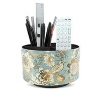 Czzmy Rotation range télécommande,Circulaire Support de télécommande en PU Cuir avec 4 Compartiments,Organisateur de bureau multifonction pour TV telecommande,Lunettes,Crayons(1-L'oiseau bleu)