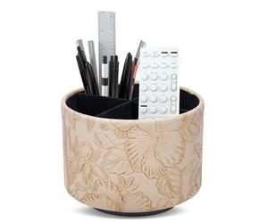 Czzmy Rotation range télécommande,Circulaire Support de télécommande en PU Cuir avec 4 Compartiments,Organisateur de bureau multifonction pour TV telecommande,Lunettes,Crayons(1-sculpté marron clair)