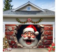 D, 4 x 1,8 m, bannière de porte de garage de Noël - Le Père Noël mignon apparaît à travers l'ouverture murale - Décoration murale extérieure, grande décoration de vacances extérieure pour les maisons
