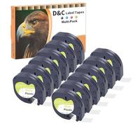 D&C Lot de 12 rubans d'étiquettes 91221 compatibles avec Dymo Letratag - 12 mm x 4 m - Noir sur blanc - En plastique - Pour Dymo Letratag IT-100H LT-100T 200B XR XM