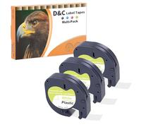 D&C Lot de 3 rubans d'étiquettes 91221 compatibles avec Dymo Letratag 12 mm x 4 m, noir sur blanc, plastique, pour Dymo Letratag IT-100H LT-100T 200B XR XM