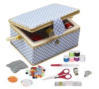 D&D Boîte à couture avec kit d’accessoires de couture, panier à couture en bois avec compartiments de rangement et accessoires pour la maison ou en voyage ; grande taille, motif à pois sur fond bleu Taille M bleu