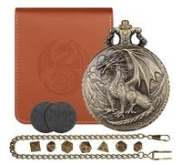 D&D Ensemble de mini dés Dragon rouge avec boîtier de montre de poche Wyvern en bronze Steampunk, 7 dés DND polyédriques en métal, cadeau avec sac en cuir, accessoires de jeux de table RPG, kit de