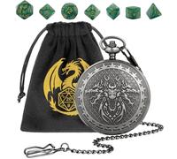 D&D Lot de 7 dés polyédriques en acrylique DND, avec trois têtes de dragon, grand boîtier de montre de poche, sac cadeau D&D avec logo dragon, accessoires de jeu de rôle, argent foncé + vert