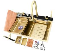 D Évier de cuisine avec affichage de la température Grande capacité Montage sur le dessus Insonorisé Cascade Station de travail Accessoires complets 68 x 46 x 22 cm Bol unique multifonction