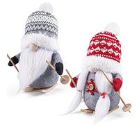 D-FantiX Ensemble de 2 pièces Luge Noël Nain Peluche avec des Skis en Bois et bâtons de Ski, Fait à la Main suédois Tomte Santa scandinave poupées Nordique Nain Ornements décorations de Noël