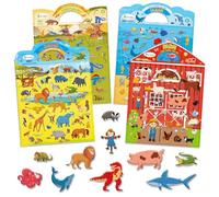 D-FantiX Lot de 4 Livres d'autocollants réutilisables, Jouets pour Enfants de 2, 3, 4 Ans, garçons et Filles, Tout-Petits - Dinosaures Animaux Autocollants 3D, Jouets éducatifs Cadeaux d'anniversaire