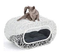 D+GARDEN Fun Stackable White Cat Condo for Indoor Cats - Interactive Play Rattan Modern Cat House for Indoor Cats Kitty, Pet Friendly Top/Side House Entry, Cat Bed Enclosed
