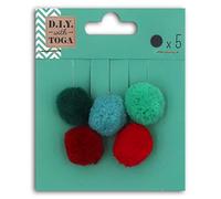 D.I.Y with Toga 5 Pompons Ronds, Coton, Rouge/Vert, 2 cm