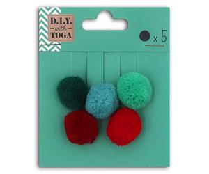 D.I.Y with Toga 5 Pompons Ronds, Coton, Rouge/Vert, 2 cm