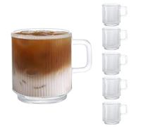 D.M DESIGN·MASTER [Lot de 6, 350ML - Tasses à Latte Macchiato en Verre avec anse, Stries verticales Tasse. Tasse à café ou à thé, Parfait pour le café au Latte, Cappuccino, Macchiato.