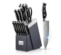 D.Perlla Couteau Cuisine, 14 Pièces Bloc de Couteaux avec Technologie Affûteur Intégré, Couteaux de Cuisine en Acier Inoxydable, avec Bloc Couteaux en Bois, Compris Couteaux à Steak, Couteau de Chef
