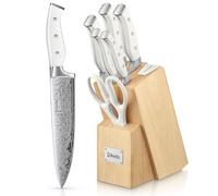 D.Perlla Couteau Cuisine, Bloc de Couteaux 7 pièces avec Affûteur Intégré, Bloc de Bois Beige, Couteaux Ciseaux, Acier Inoxydable, Manche Blanc