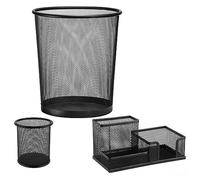 D.RECT Set de bureau 3030 - Corbeille à papier en maille métallique - Pot à crayons rond en métal - Organiseur de bureau - Porte-crayons - Noir