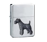 D21 Fox Terrier Dog Briquet à rabat en étain anglais fin finition noire sur chrome argenté rechargeable à l'essence