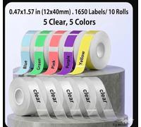 D30 Lot de 10 rouleaux de ruban d'étiquettes 12 x 40 mm compatible avec imprimante d'étiquettes portable D30-1650 étiquettes/10rouleau - 5 rouleau transparent, 5 rouleau Multicolore