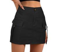 DAaomi Jupe Cargo Taille Basse pour Femme, Mini Jupe Cargo à Boutons avec Poche, Jupe trapèze Jupe Jean Courte (Black, S)