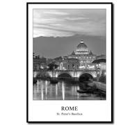 daazoo Tableau Décoratif Basilique Saint-Pierre Rome 50 x 70 cm avec Cadre Noir - Vue du Vatican et du Tibre Noir et Blanc - Image Paysage Urbain Italie pour Salon et Bureau - Affiche Encadrée