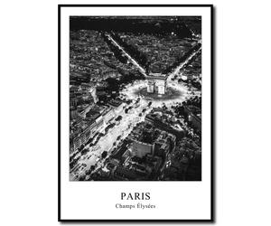 daazoo Tableau encadré Avenue des Champs-Élysées - Arc de Triomphe Paris - Décoration murale noir et blanc sous cadre premium pour salon et bureau - Affiche ville format vertical 50 x 70 cm