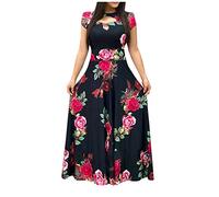 DABAOK Robe longue plissée à motif floral pour femme, taille empire, style bohème, décontractée, élégante, pour fête, été, décontractée, à manches courtes, bleu marine, 5XL