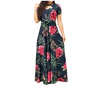 DABAOK Robe longue plissée à motif floral pour femme, taille empire, style bohème, décontractée, élégante, pour fête, été, décontractée, à manches courtes, Rouge, 5XL