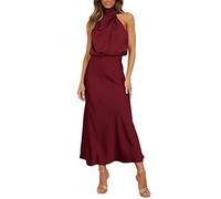 DABAOK Robes pour femme - Robe d'été formelle en satin - Col montant - Sans manches - Fente sur le côté - Robe longue fluide, Rouge-b, XL