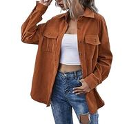 DABAOK Veste d'hiver pour femme, grande taille, chemise boutonnée, manches longues, ample, décontracté, robe en cuir pour femme, marron, L