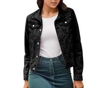 DABAOK Veste en jean pour femme - Grande taille - Doudoune en coton denim avec poches - Veste en jean - Veste à col en polaire, Noir , M