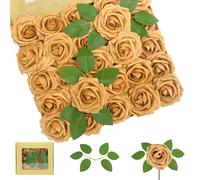 DabbOo 25 Roses Artificielles Or en Boîte avec Feuilles Décoratives 7.5 cm Diamètre de Fleur 20 cm Longueur de Tige pour Décoration de Mariage Maison Fête Centre de Table Bouquet de Mariée