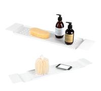 DABSTORY Plateau de baignoire en acier inoxydable réglable 70 cm à 94 cm Plateau de salle de bain rectangulaire Boîte de rangement rectangulaire pour bougies, savon, serviettes (blanc)