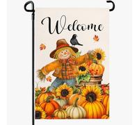 Dacawin Drapeau de jardin épouvantail d'automne - Drapeau de bienvenue en forme de citrouille - Auttumn - Suflower - Oiseau - Feuilles d'érable - Drapeaux de jardin - Thanksgiving - Bannière rustique