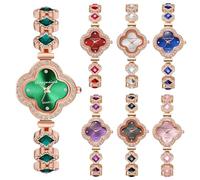Dacdyi Lot de 7 montres élégantes dorées pour femmes, cadran trèfle à quatre feuilles avec cristaux et pierres précieuses, bracelet élégant à quartz pour femmes, montre-bracelet tendance colorée en
