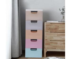 DACHAO Meuble de rangement en plastique, tour de rangement 5 étages avec 5 tiroirs et 4 roues, étagère mobile pour lits, armoires, canapés et armoires