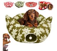 Dachshund Tunnel Bed with Cat Ears, Cat Tunnel Donut Bed and Toy Ball (B) | Adorable Donut Bed with Cat Ears, Snowflake Pattern, Hanging Toy Ball and Removable Cushion for Small Pets Who Love to Tunnel
