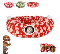 Dachshund Tunnel Bed with Cat Ears, Cat Tunnel Donut Bed and Toy Ball (C) | Adorable Donut Bed with Cat Ears, Snowflake Pattern, Hanging Toy Ball and Removable Cushion for Small Pets Who Love to Tunnel