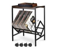 DACK Support de tourne-disque avec rangement jusqu'à 80 albums, plateau tournant avec pieds en métal noir mat, table de tourne-disque pour salon, chambre à coucher, bureau