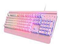 Dacoity Clavier de jeu rose à 104 touches entièrement en métal, clavier d'ordinateur silencieux rétroéclairé à LED arc-en-ciel, repose-poignet, touches PBT, touches multimédias, clavier filaire USB