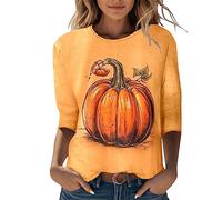 DACONGMING Confortable pour Les t-Shirts pour Femmes Hauts col Rond Manches Trois Confortable imprimé Fleuri Chemisier Chemises Rouges Manches Courtes pour Femmes Recadrées (Orange, M)