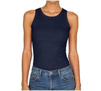 DACONGMING Débardeurs D'Été Femme Débardeur D'Été pour Femme en Côtelée Extensible Coupe Ajustée Couleur Unie Col Rond Amples De Base Shirts Hauts Chemises (Navy XL)