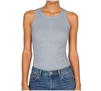 DACONGMING Débardeurs D'Été Femme Débardeur D'Été pour Femme en Côtelée Extensible Coupe Ajustée Couleur Unie Col Rond Amples De Base Shirts Hauts Chemises (Grey L)