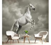 DACRWEKZ 3D Panoramique Murale Style photographique réaliste Le cheval blanc bondit dans les airs 250x175cm Premium Papier Peint Soie Pour Salon Chambre Enfant Chambre Décoration Murale, Gris